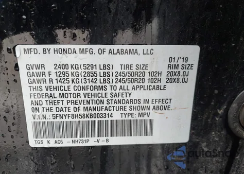 2019 Honda Passport Ex-L from USA, damaged, VIN 5FNYF8H58KB003314